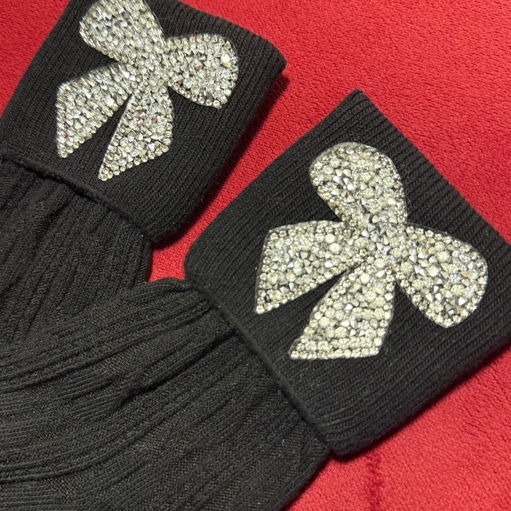 Chic Black Knit Socks with Sparkling Bow
